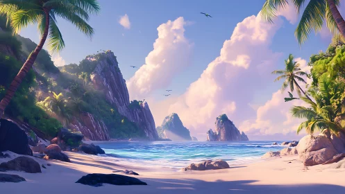 Tropical beach cove with towering cliff formations and soft sand