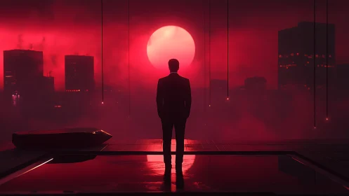 Solitary dreamer watching a neon red city sunset glow.