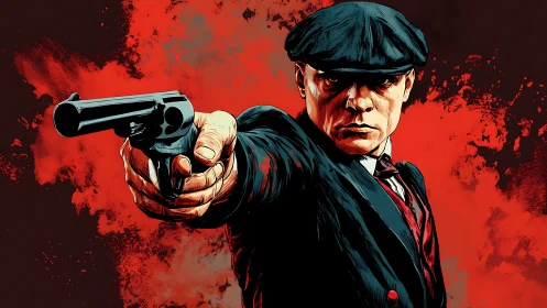 Stylish gangster standoff framed by bold red drama.