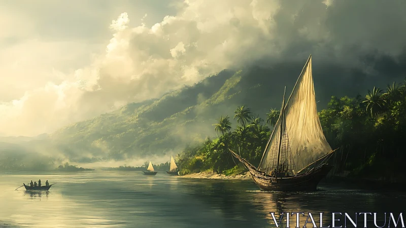 Sunlit sailboats along misty tropical river shoreline.