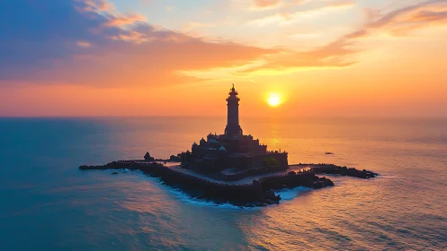 Lighthouse on Rocky Island at Sunset.