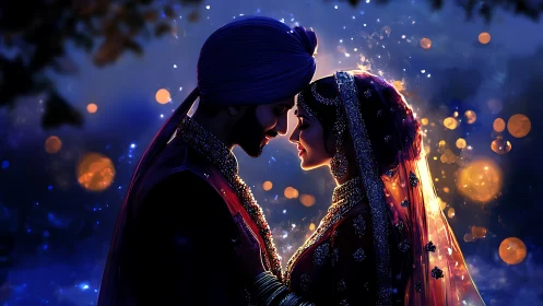 Indian wedding couple in traditional attire with mystical lighting.