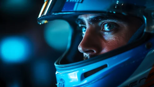 High-contrast close-up portrait isolates focused racing driver gaze