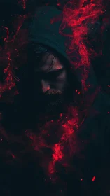 Hooded male figure partially obscured by dense red smoke