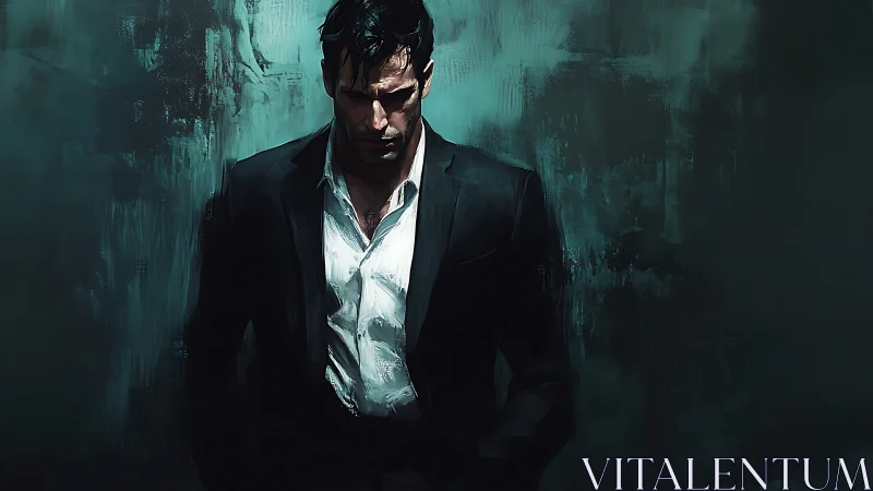 Brooding man in suit stands alone in moody teal shadows.