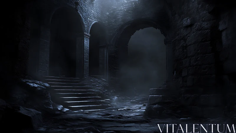 Dark stone dungeon corridor with arches and stairway.