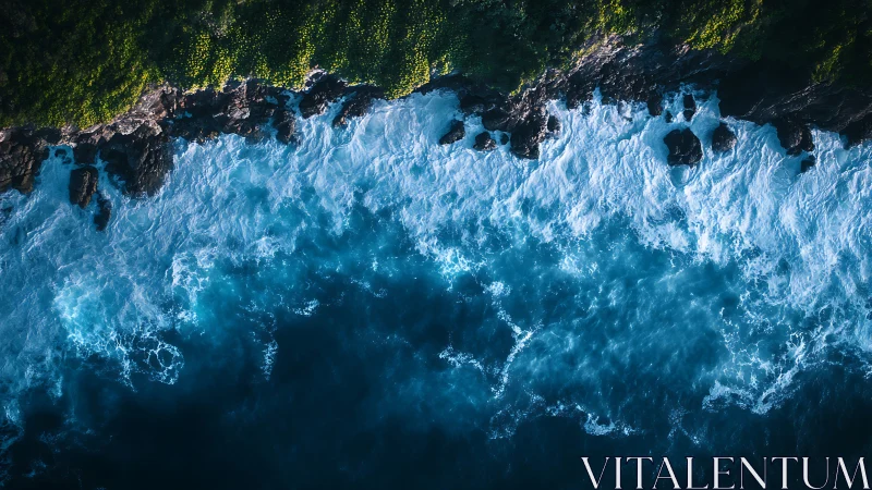 Ocean waves welcoming a lush cliffside in calming embrace.
