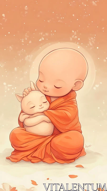 Young Monk Embracing Kitten in Warm Contemplation.