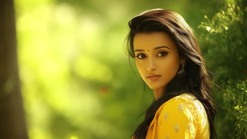 Portrait of woman in yellow dress under soft golden bokeh.