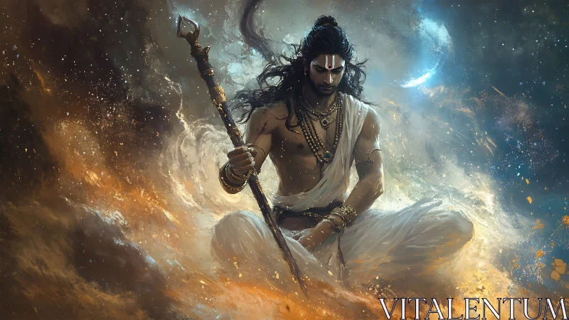 Cosmic warrior meditates within swirling celestial fire.
