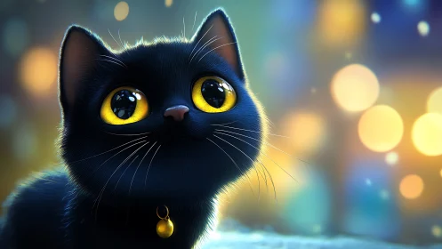 Black Cat with Luminous Yellow Eyes Against Bokeh Background.