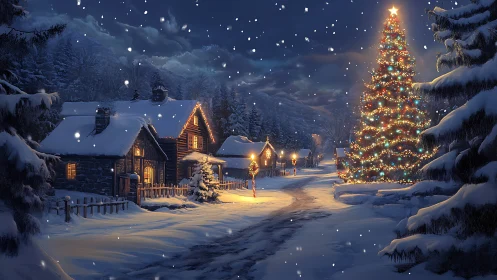 Snow covered village street with illuminated Christmas tree.