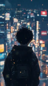 Solitary figure watches neon city lights in quiet night rain