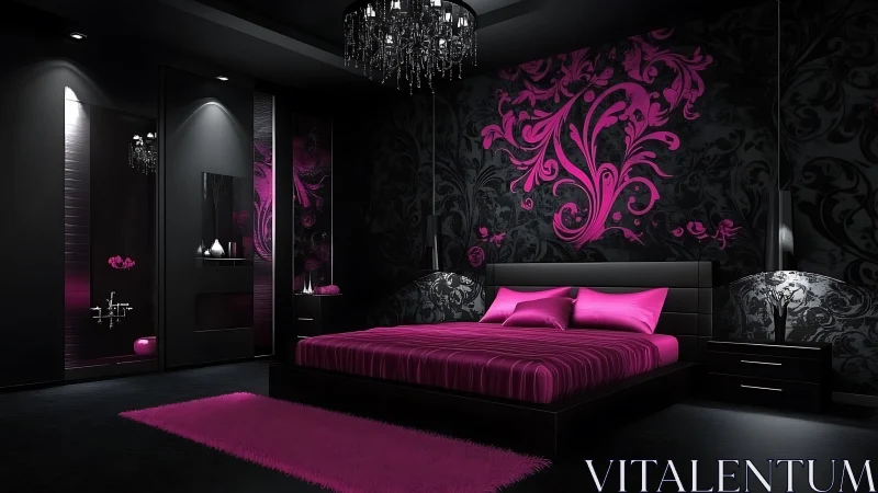 Modern black bedroom with bold magenta decor and lighting.