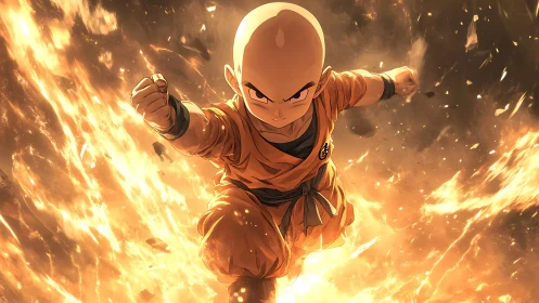 Fiery anime warrior charging through erupting energy field.