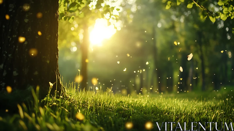 Golden forest clearing glows softly with drifting summer light