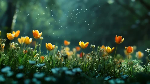 Golden Tulips Dance Through Misty Green Light