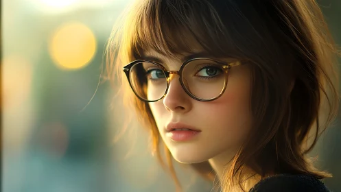 Soft-focus digital portrait of young woman in round glasses