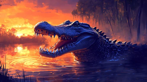 Sunset swamp predator with jaws open over glowing water.