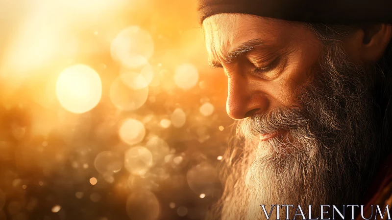 Elderly bearded man in warm golden light contemplates silently
