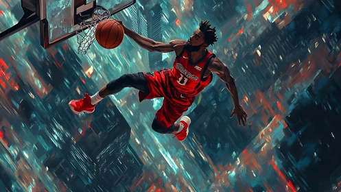 Skyline slam dunk comet streaking through neon night court.