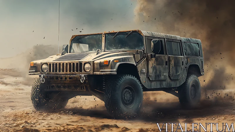 Military-style off-road truck kicks up dust in desert