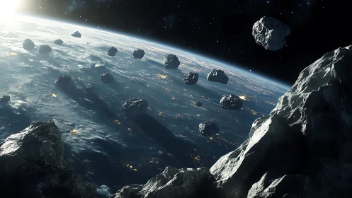 Asteroid field passing over the sunlit curve of Earth.