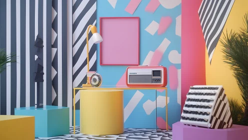 Colorful geometric interior shows retro radio on yellow table