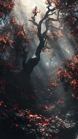 Twisted forest tree catches shafts of light over red leaves
