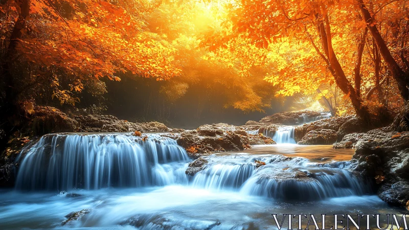Multi tier forest waterfall under dense autumn foliage.