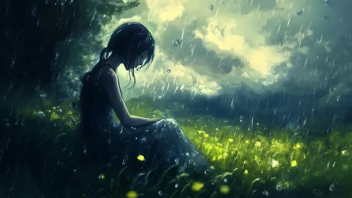 Digital painting of solitary girl in rainlit meadow atmosphere.