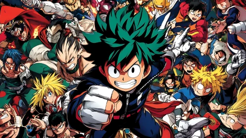 Energetic green haired hero charging forward with brave friends.