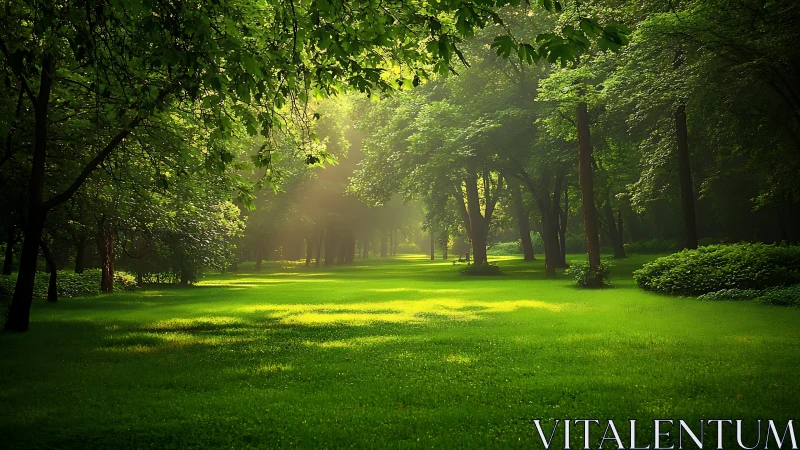 Sunlit Park Avenue Where Towering Trees Frame a Verdant Pathway