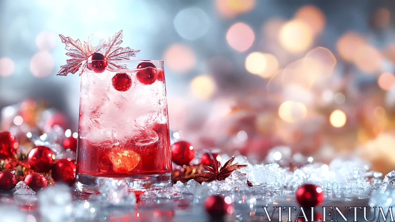 Crystalline Beverage Composition with Floral Garnish and Bokeh Illumination