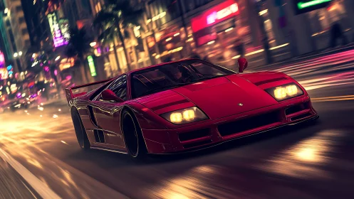 Neon-illuminated supercar sprint in dynamic urban nightscape.