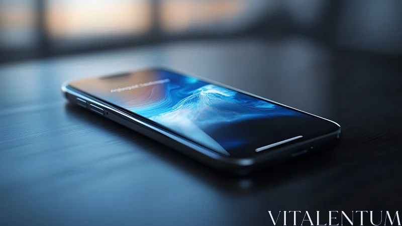 Modern smartphone displaying flowing digital interface on reflective surface.