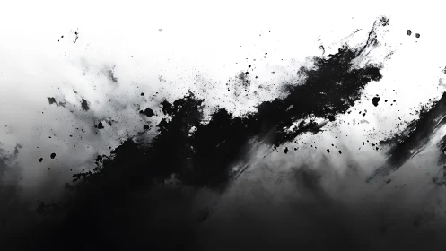 Monochrome ink explosion across white negative space.