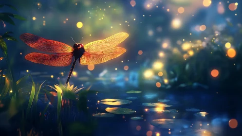 Dragonfly over illuminated pond under soft night light.