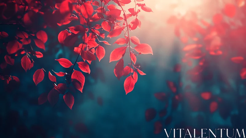 Vibrant red autumn leaves in soft sunlight, dreamy nature style.