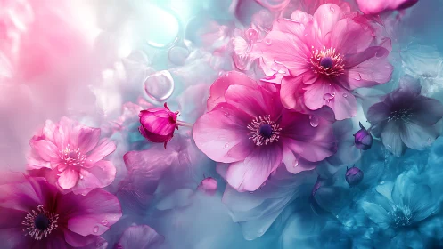 Pink Blossoms Floating in Ethereal Cyan Haze.