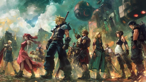 Multiple armed figures stand in ruined cityscape environment