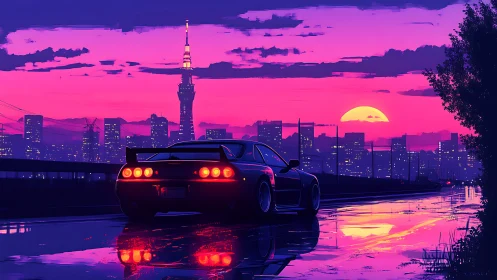 Neon-lit sports car silhouettes against saturated retrofuturist skyline