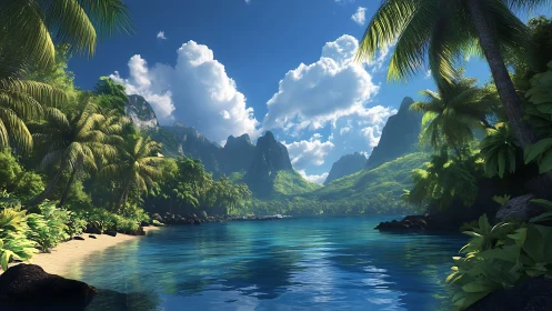 Tropical Lagoon with Dramatic Mountain Peaks and Lush Vegetation