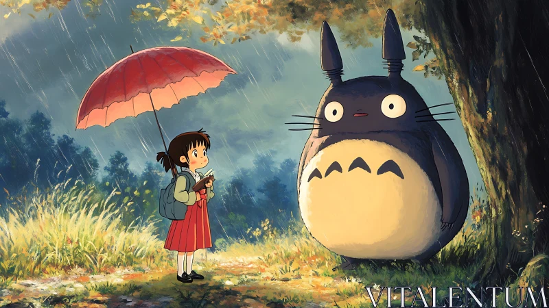 Girl meets gentle forest spirit under a soft summer rain