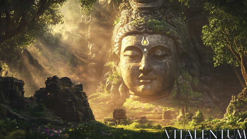 Colossal stone deity face in misty jungle temple ruins.