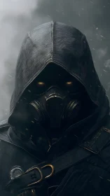 Hooded gas mask figure stands in stormlit industrial fog
