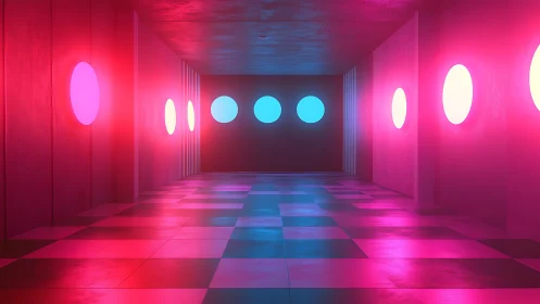 Neon corridor with circular portals and checkerboard floor.