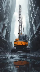 Bold yellow crane rising through misty urban ruins.