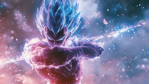 Cosmic warrior charging a crackling neon energy storm.