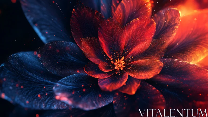Digital macro flower glows with red and blue luminous light